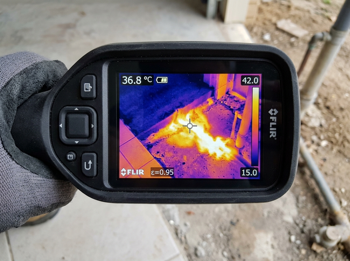 Thermal infrared camera detecting hot water slab leak temperature heat signature under foundation in North Richland Hills