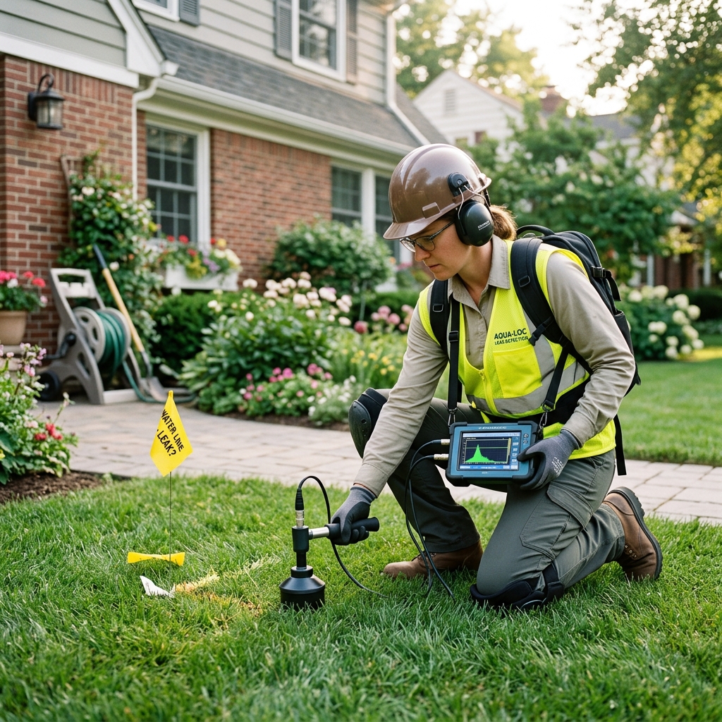 Acoustic water leak detection equipment set up near a yard water meter in North Richland Hills TX
